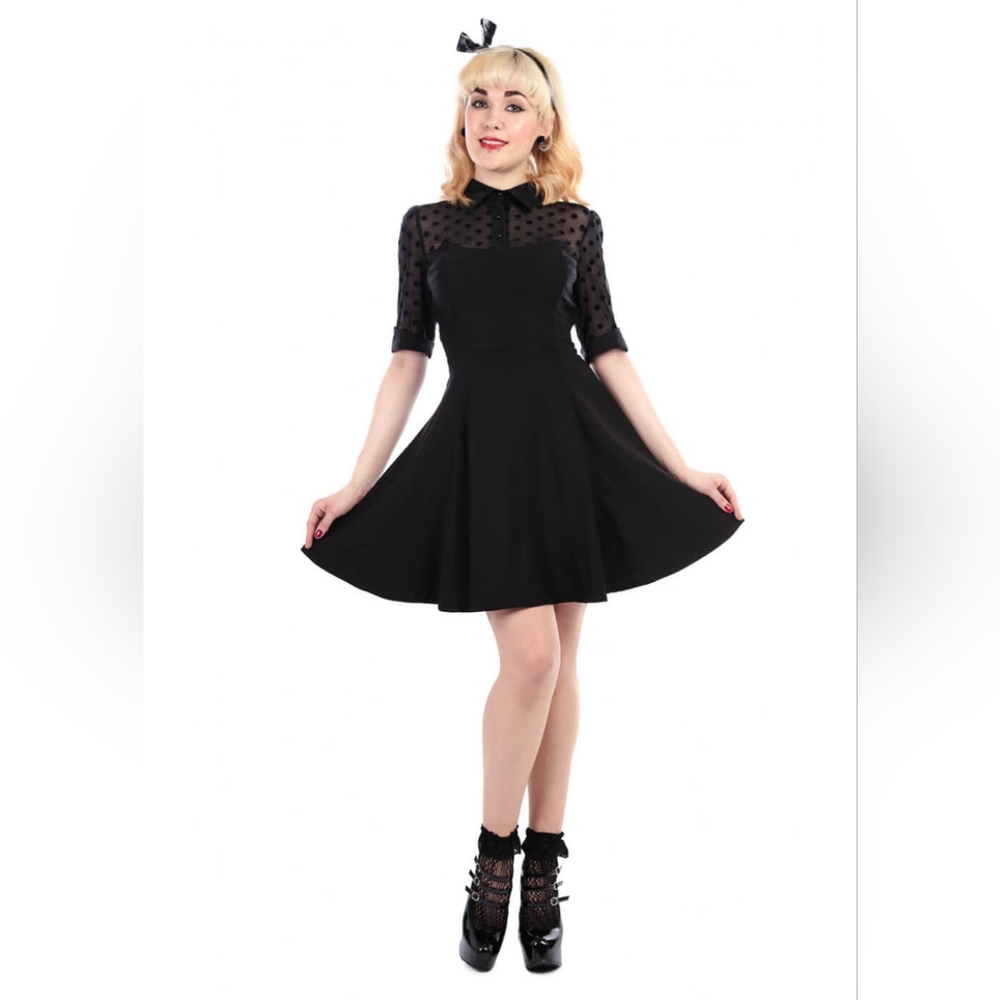 NWOT Collectif Wednesday Black Flocked Polka Dot Collared Swing Dress